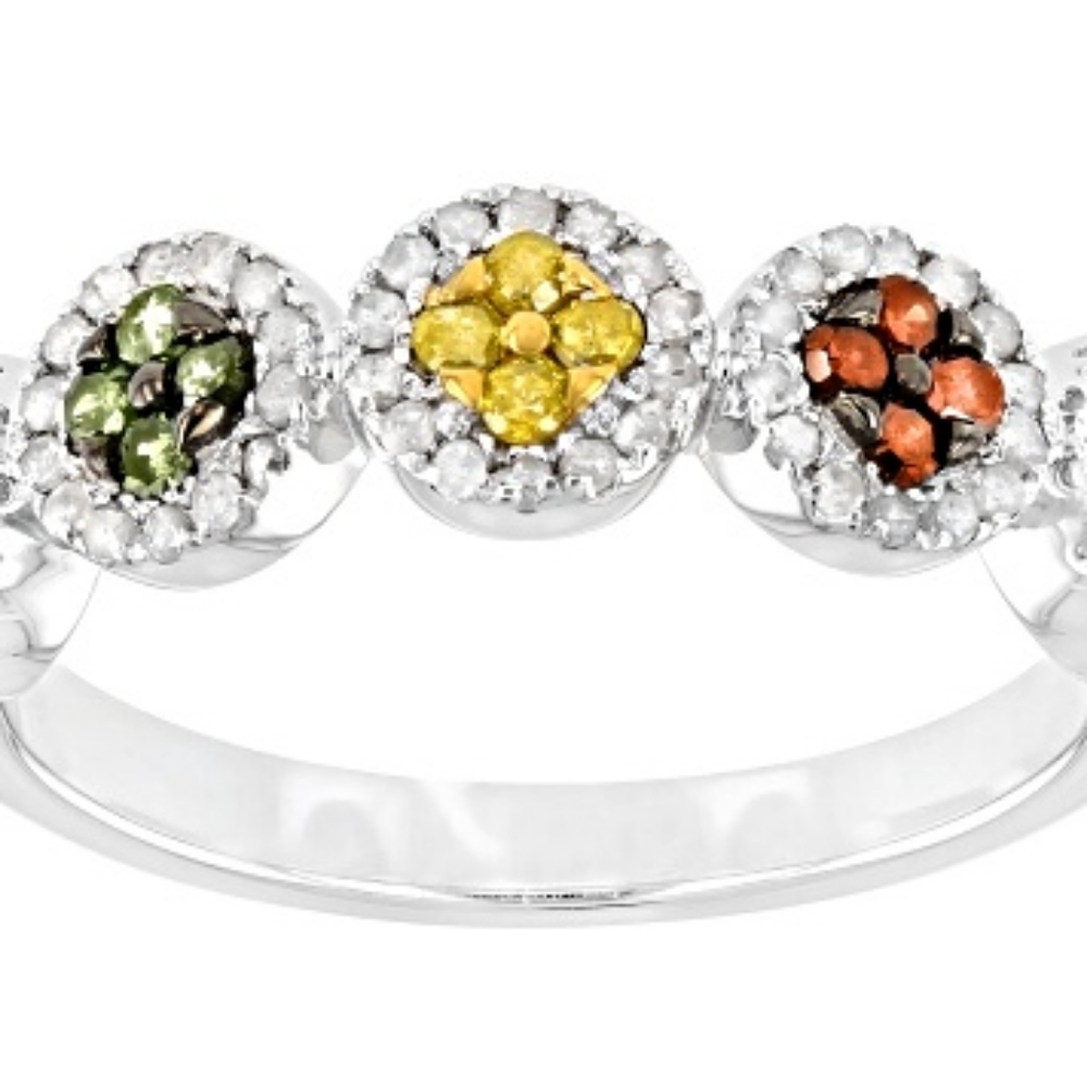 Multi colored diamond ring in rhodium sterling silver .60 ctw